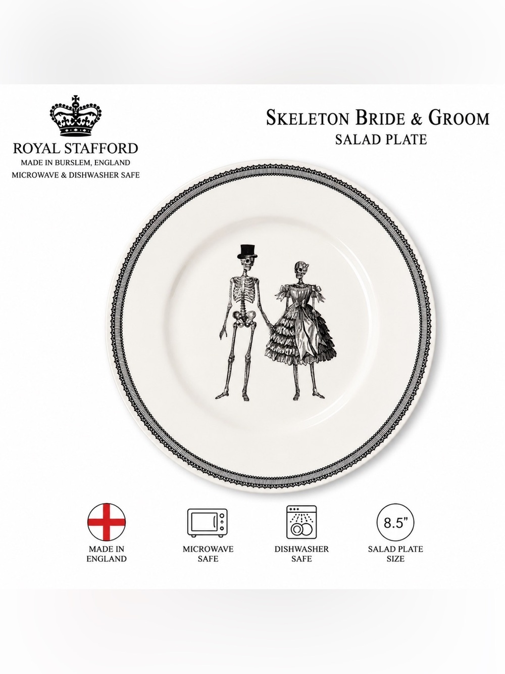 Royal Stafford Skeleton Bride & Groom Halloween Salad Plate Gothic England 8.5”